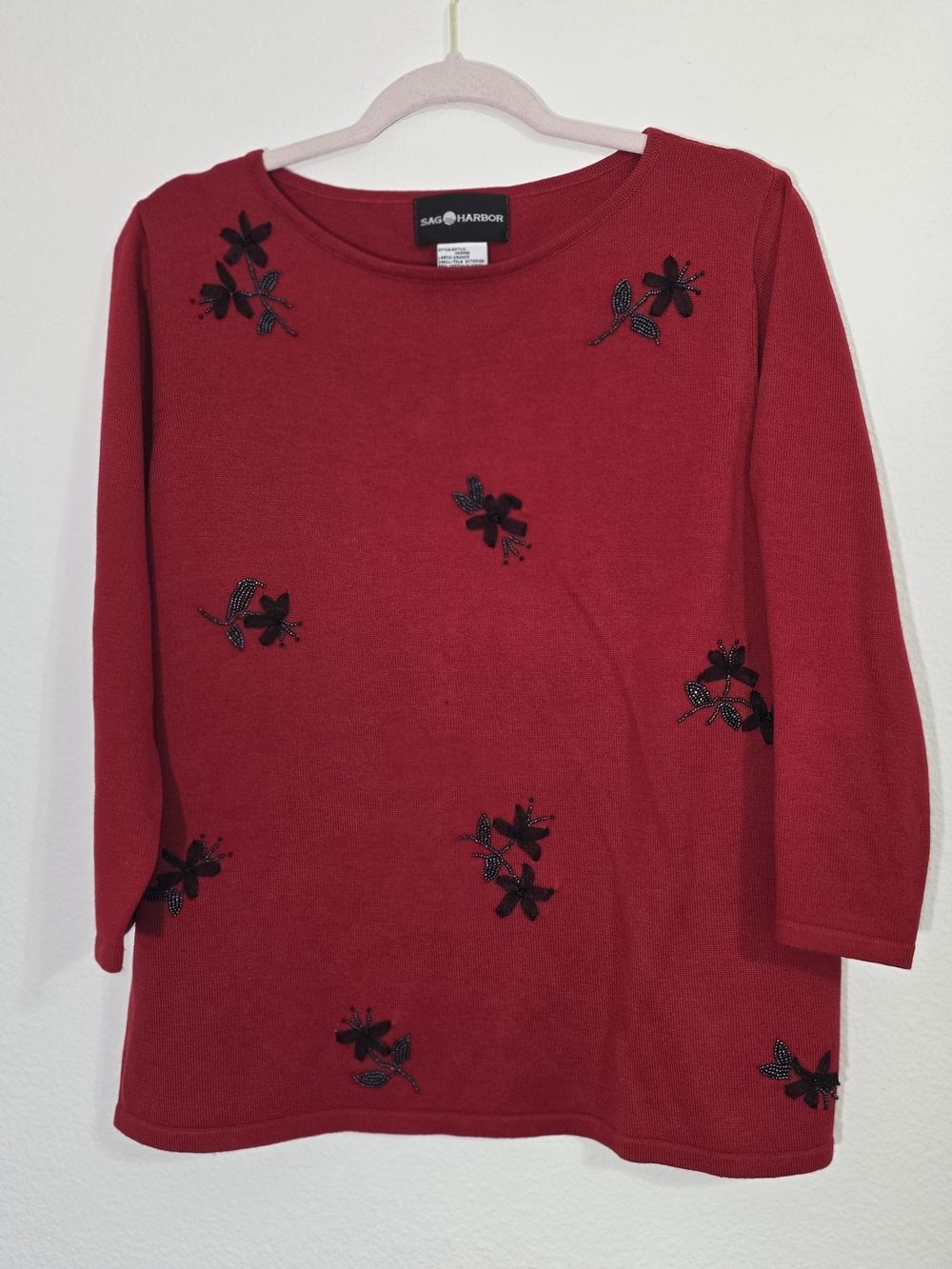 Sag Harbor Red Embroidered Floral Sweater Top